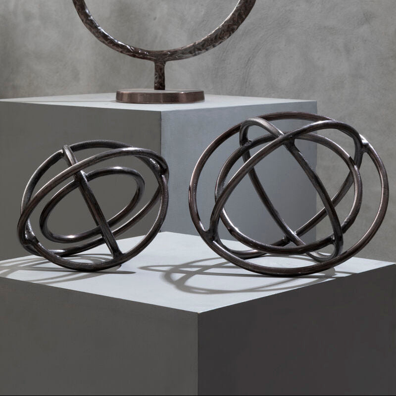 Set of Two Bronze Finish Sphere Sculptures