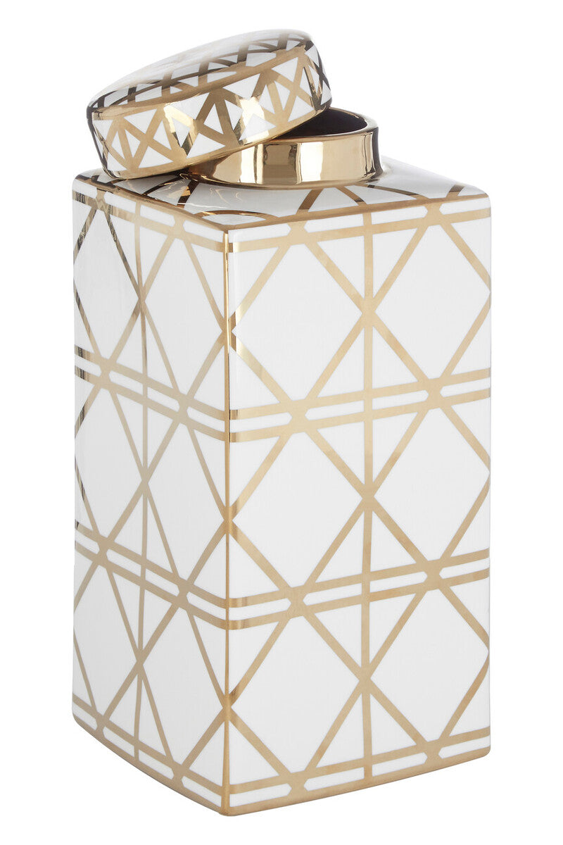 White and Gold Geometric Large Ceramic Jar