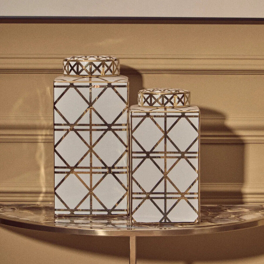 White and Gold Geometric Large Ceramic Jar
