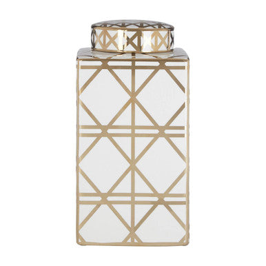 White and Gold Geometric Small Ceramic Jar