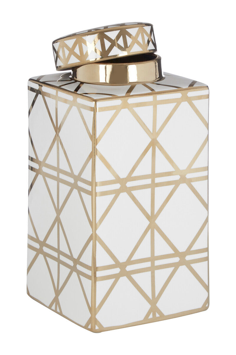 White and Gold Geometric Small Ceramic Jar