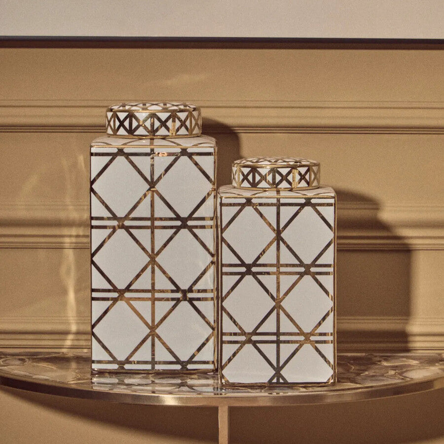 White and Gold Geometric Small Ceramic Jar