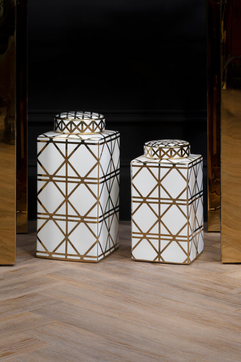 White and Gold Geometric Small Ceramic Jar