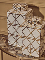 White and Gold Geometric Small Ceramic Jar
