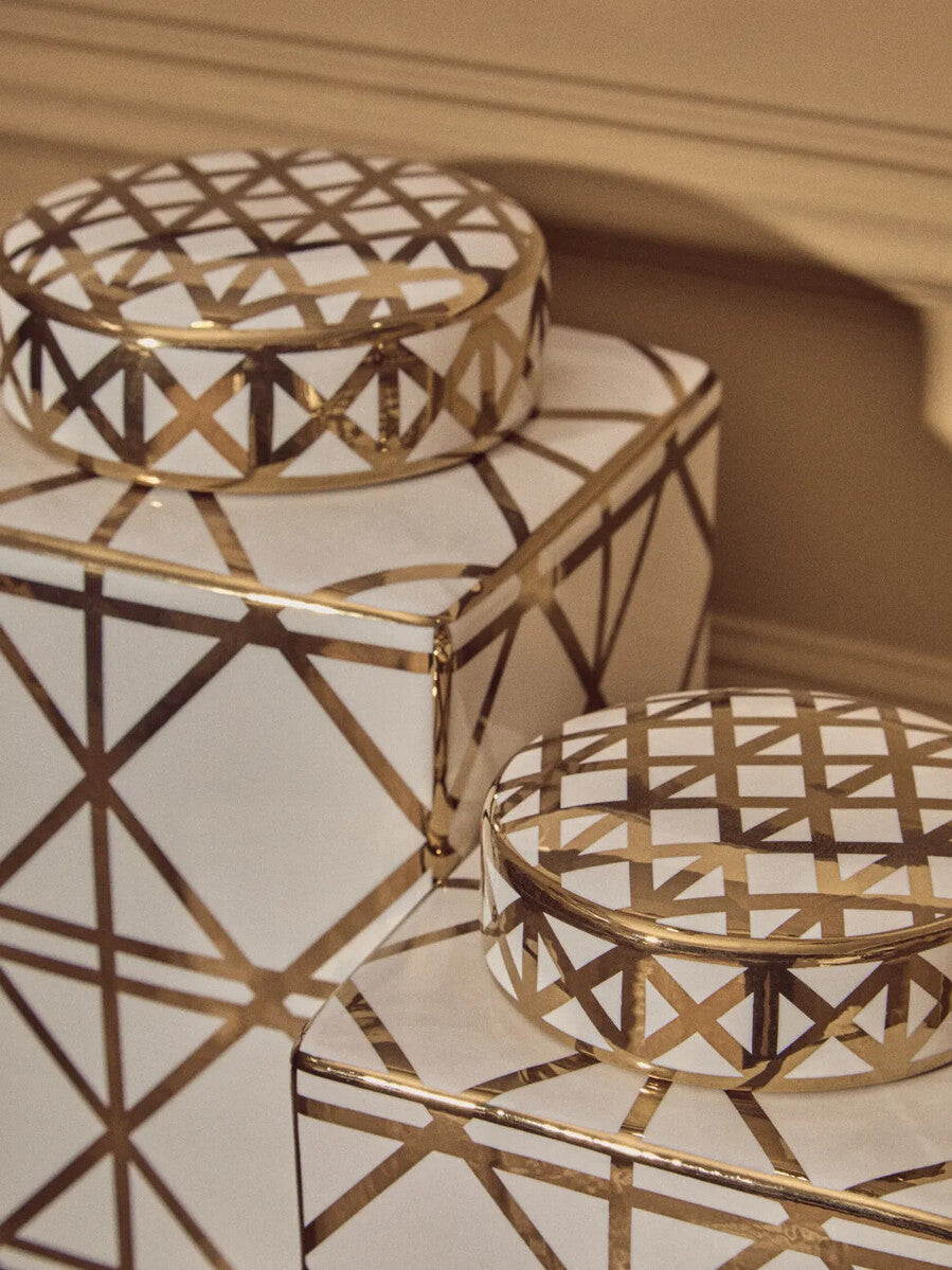 White and Gold Geometric Small Ceramic Jar