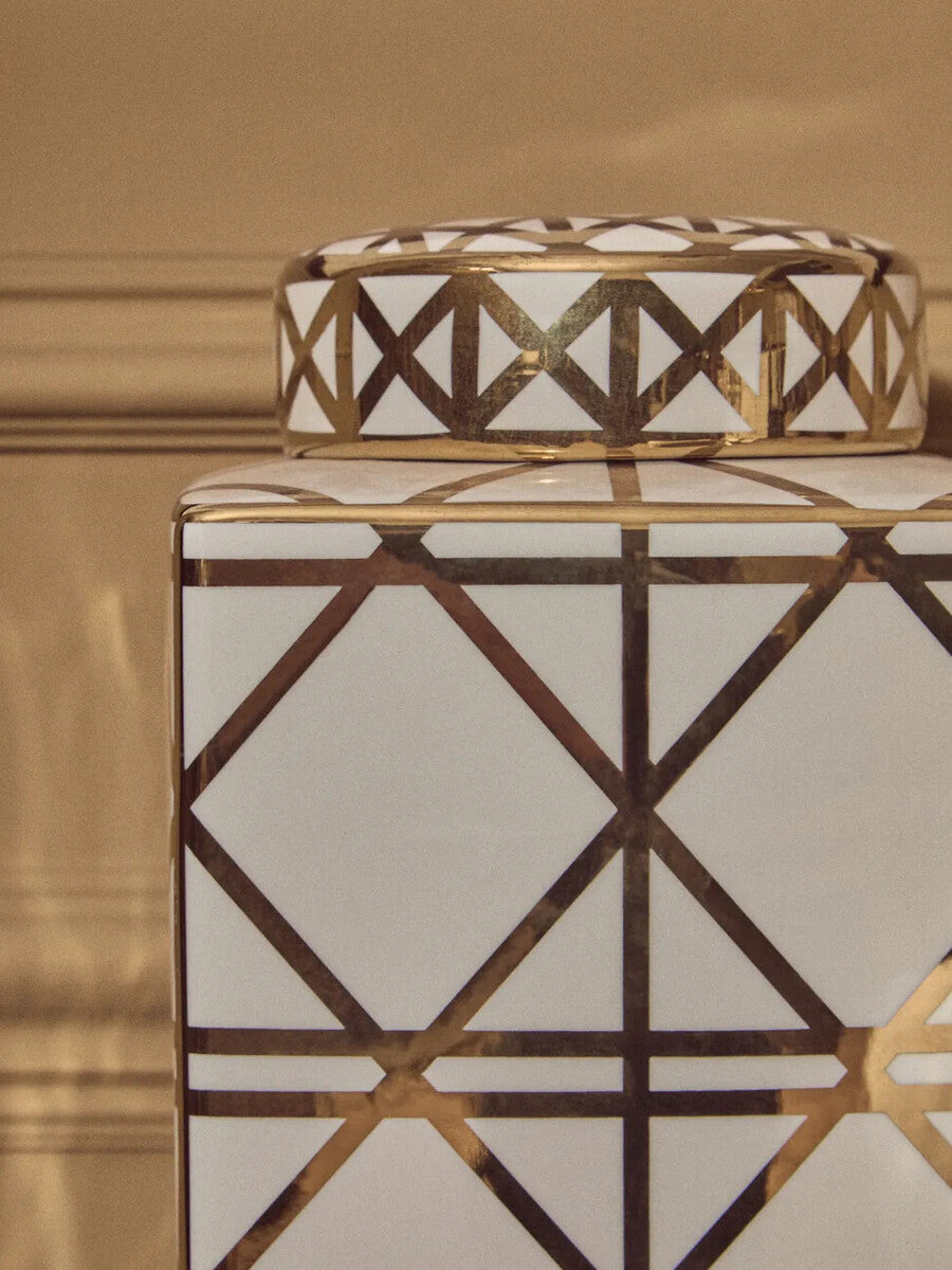 White and Gold Geometric Small Ceramic Jar