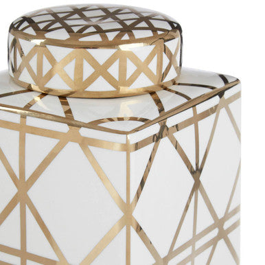 White and Gold Geometric Small Ceramic Jar