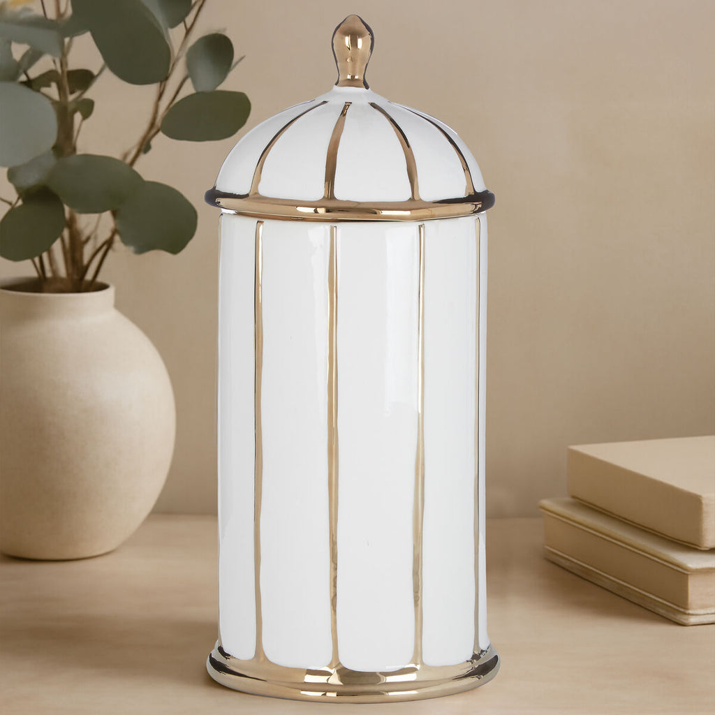 Large White and Gold Ceramic Jar