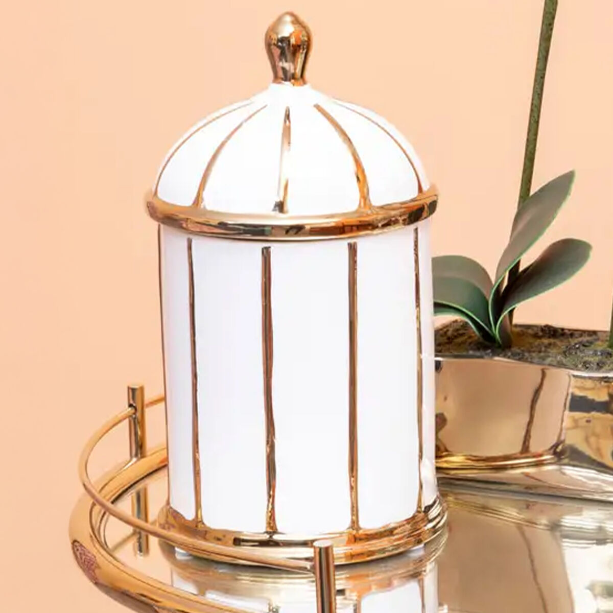 Medium White and Gold Ceramic Jar