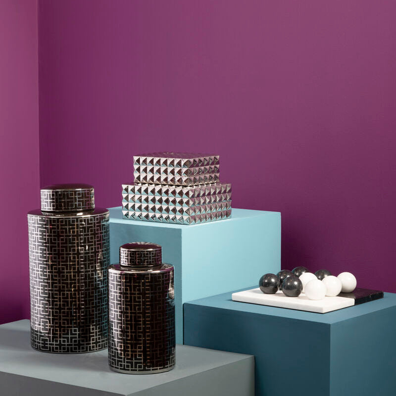 Black and Silver Finish Small Ceramic Jar