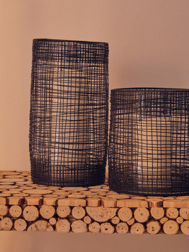 Large Black Woven Wire Candle Holder with Glass Insert