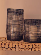 Large Black Woven Wire Candle Holder with Glass Insert