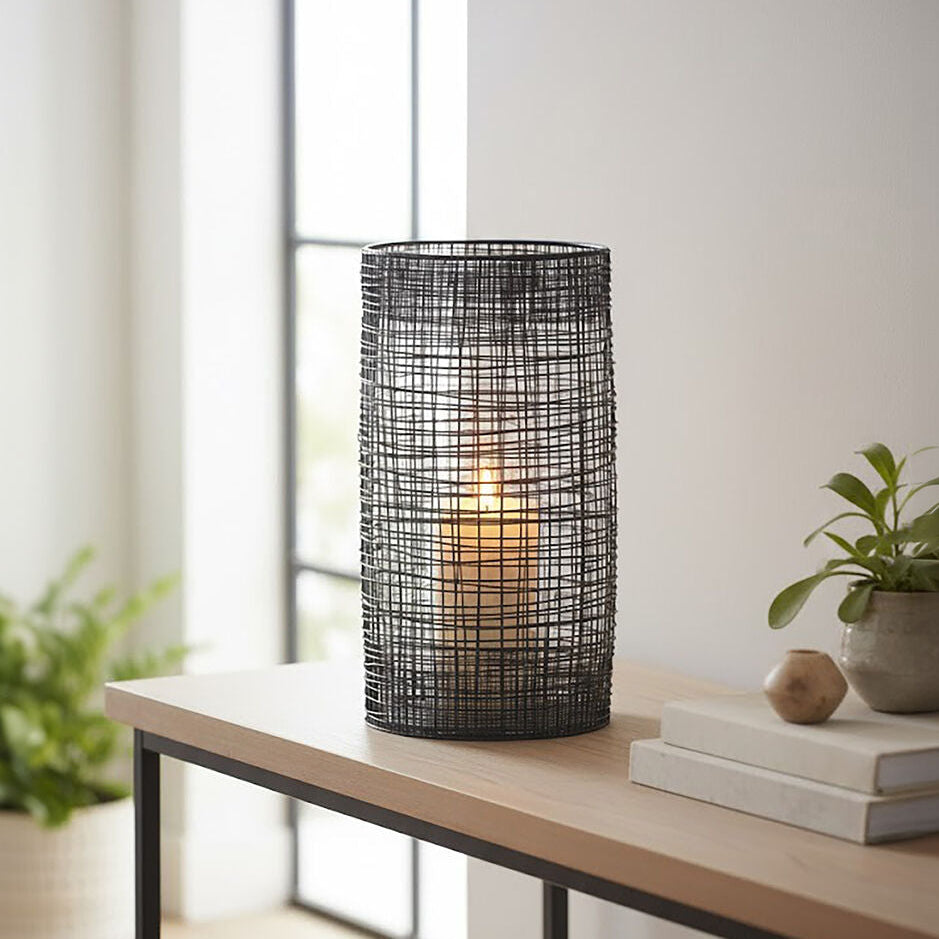 Large Black Woven Wire Candle Holder with Glass Insert