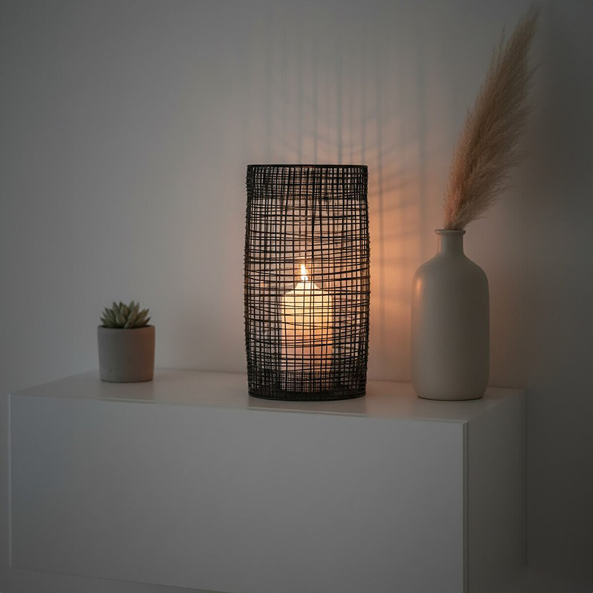 Large Black Woven Wire Candle Holder with Glass Insert