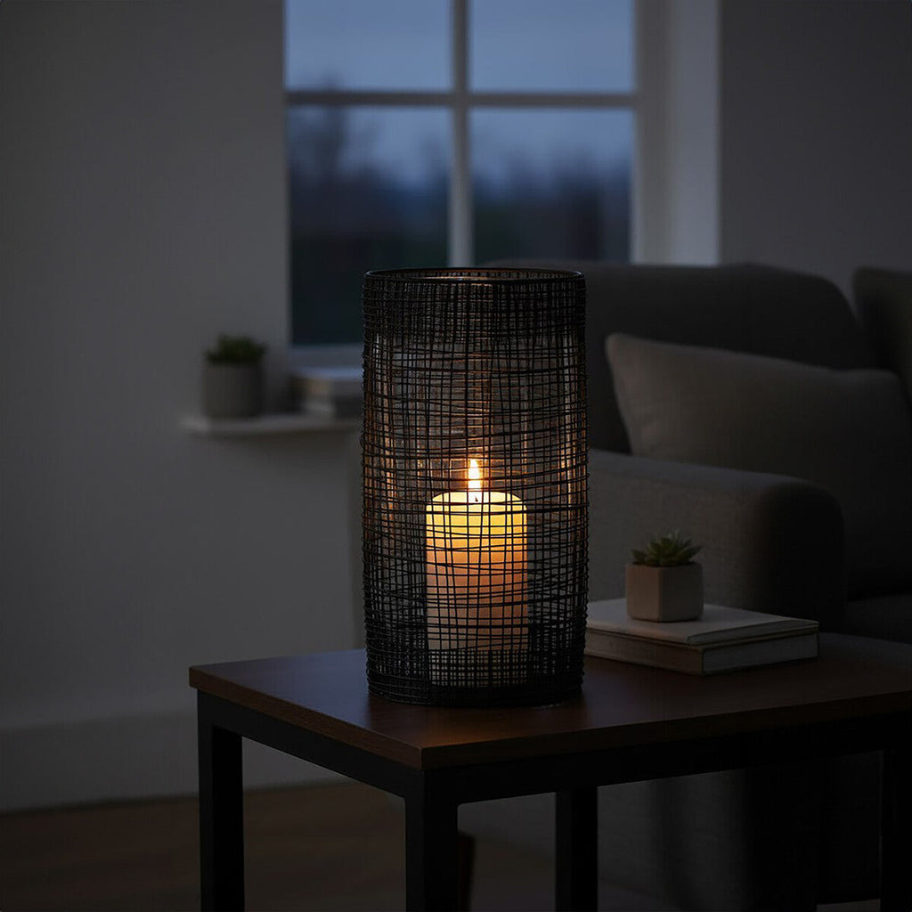 Large Black Woven Wire Candle Holder with Glass Insert