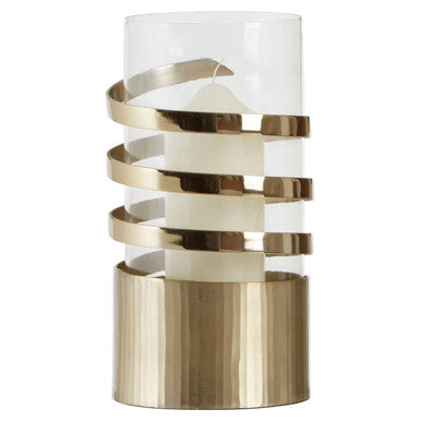 Gold Metal and Glass Large Hurricane Candle Holder with Spiral Design