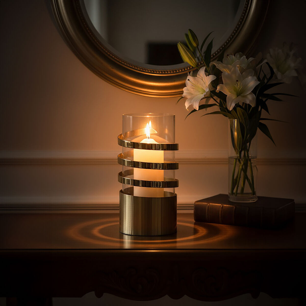Gold Metal and Glass Large Hurricane Candle Holder with Spiral Design