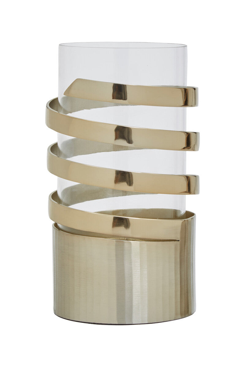 Gold Metal and Glass Small Hurricane Candle Holder with Spiral Design