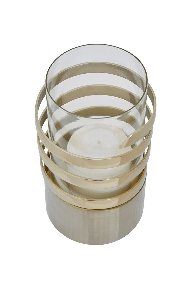 Gold Metal and Glass Small Hurricane Candle Holder with Spiral Design