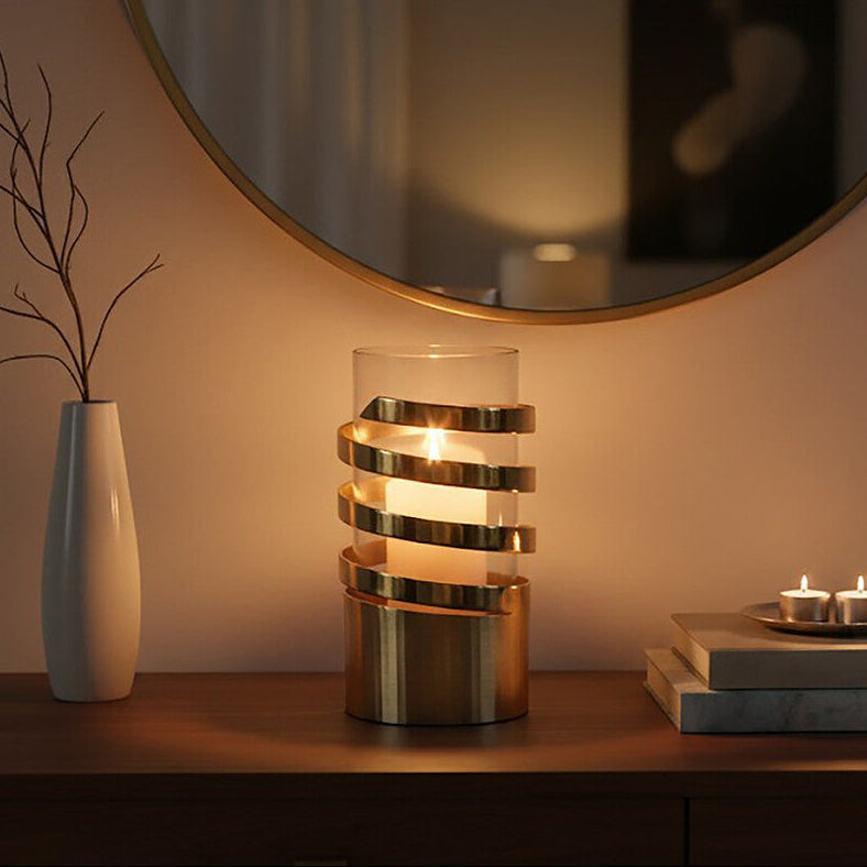 Gold Metal and Glass Small Hurricane Candle Holder with Spiral Design