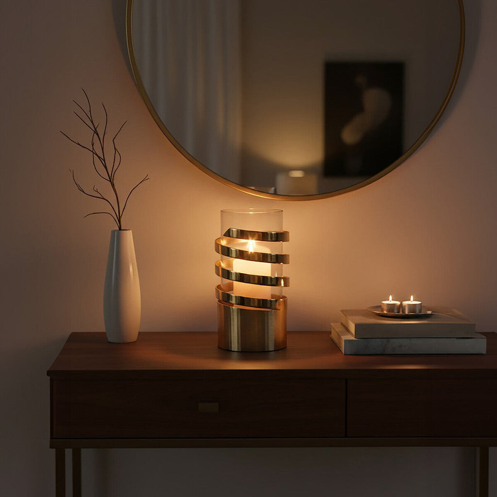 Gold Metal and Glass Small Hurricane Candle Holder with Spiral Design