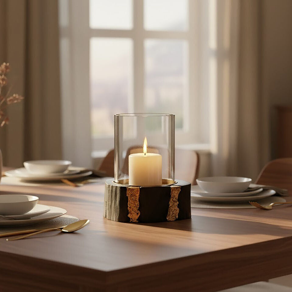 Black Acacia and Gold Small Hurricane Candle Holder