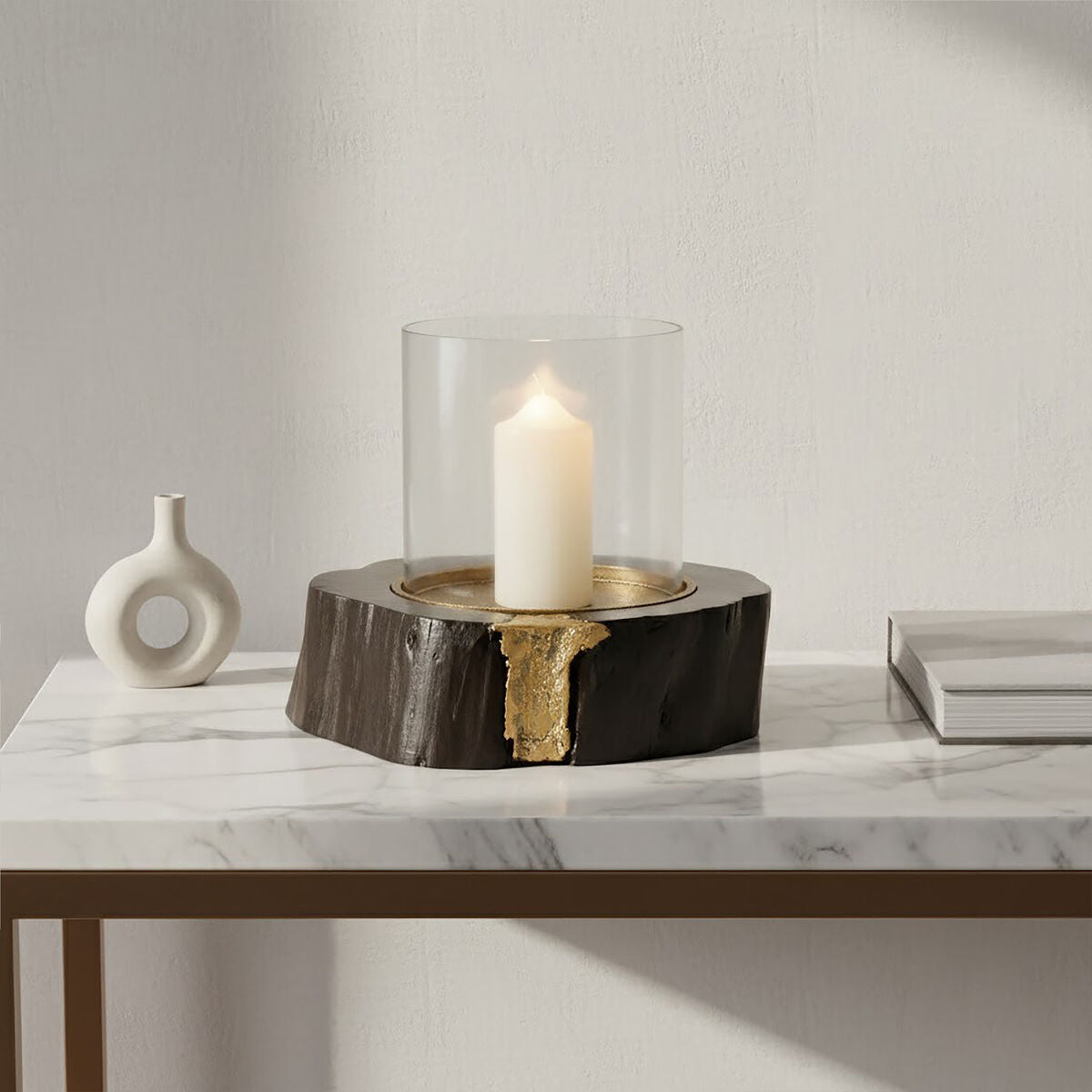 Wood and Gold Large Hurricane Candle Holder