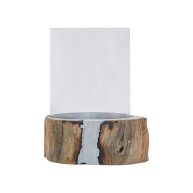 Natural Acacia Wood Small Hurricane Candle Holder with Glass Insert
