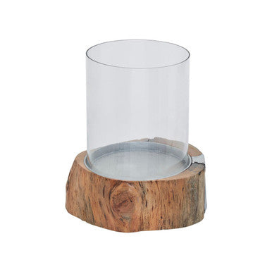 Natural Acacia Wood Small Hurricane Candle Holder with Glass Insert