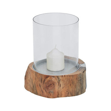 Natural Acacia Wood Small Hurricane Candle Holder with Glass Insert
