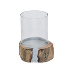 Natural Acacia Wood Small Hurricane Candle Holder with Glass Insert