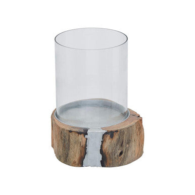 Natural Acacia Wood Small Hurricane Candle Holder with Glass Insert
