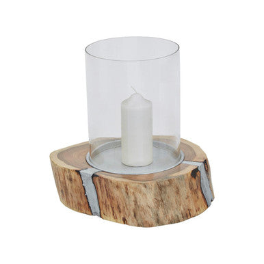 Natural Acacia Wood Large Hurricane Candle Holder with Glass Insert