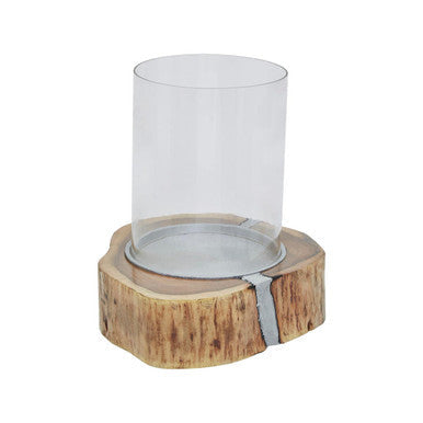 Natural Acacia Wood Large Hurricane Candle Holder with Glass Insert