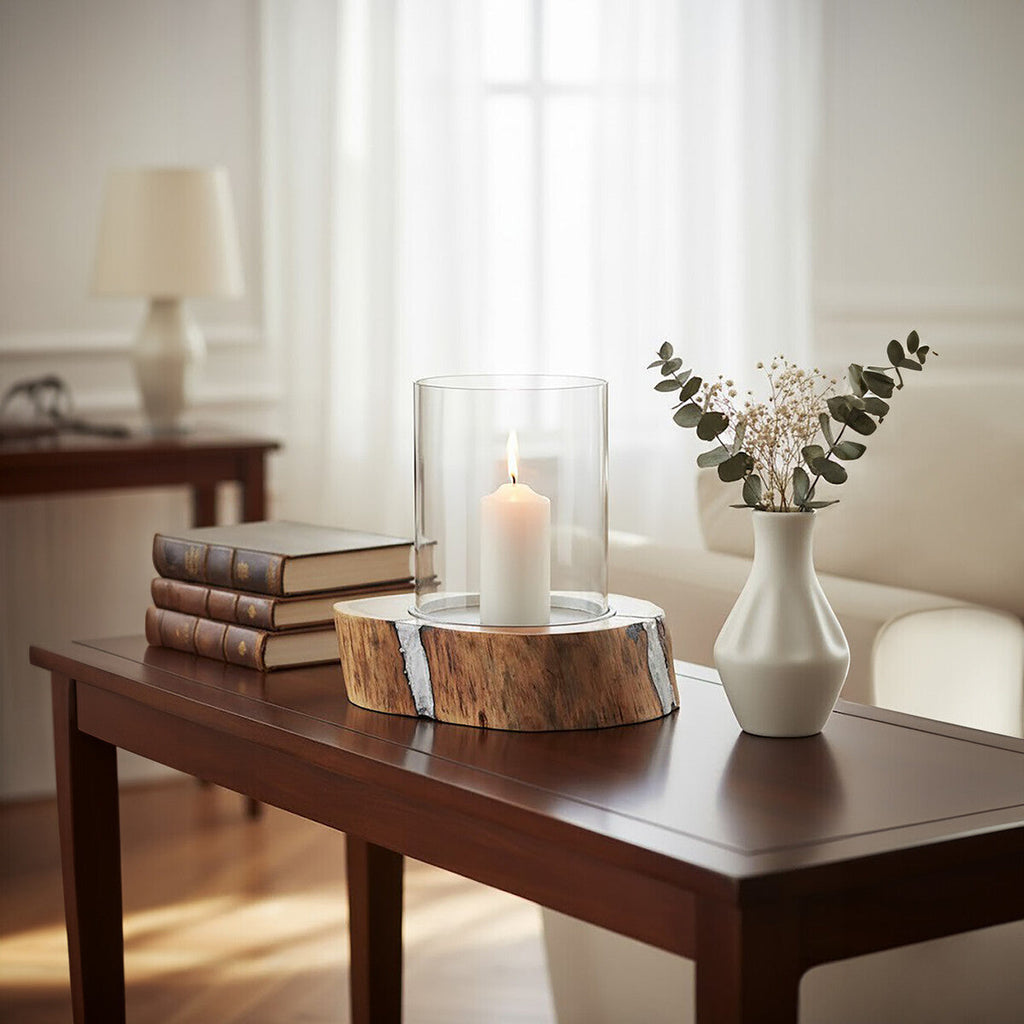 Natural Acacia Wood Large Hurricane Candle Holder with Glass Insert