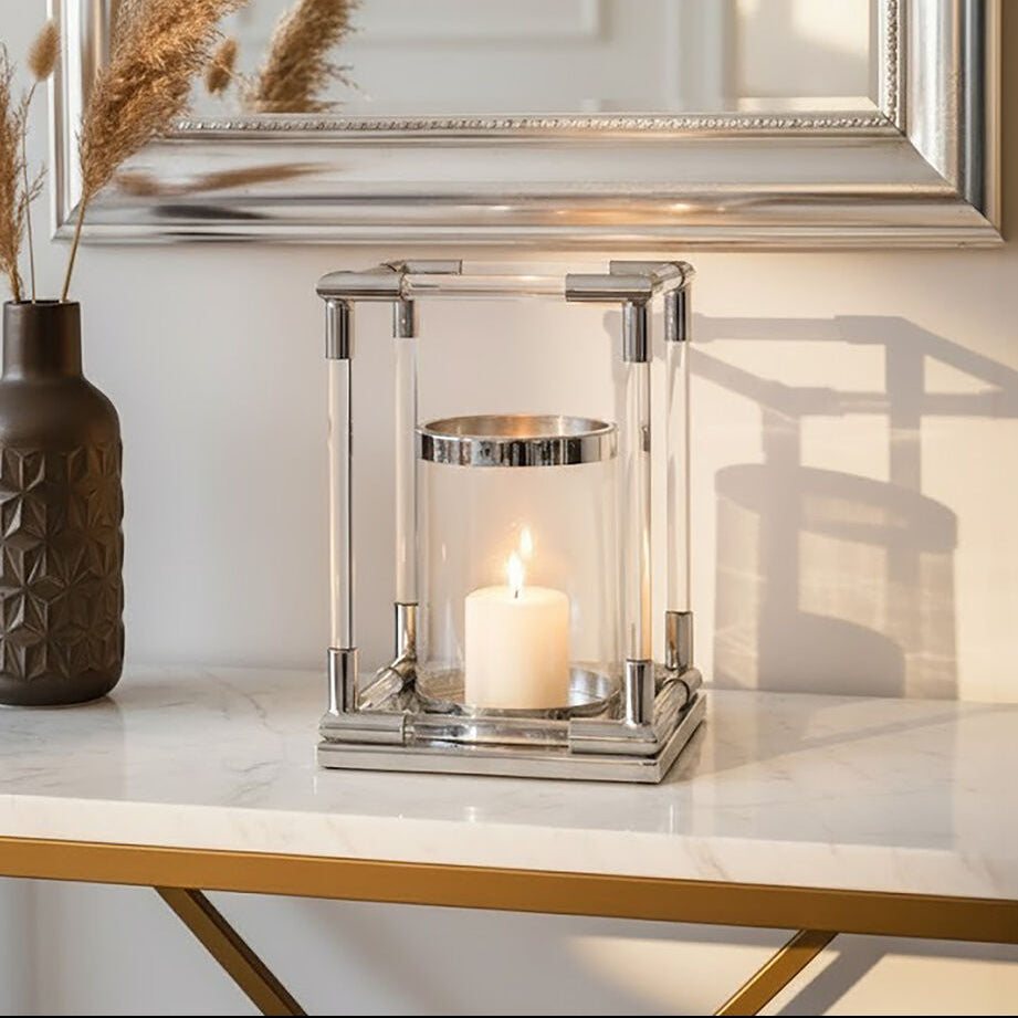 Small Candle Holder in Silver Finish and Acrylic