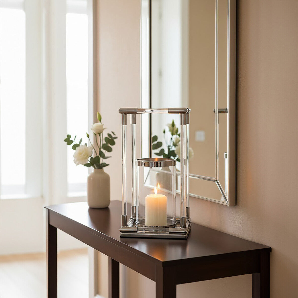 Large Candle Holder in Silver Finish and Acrylic