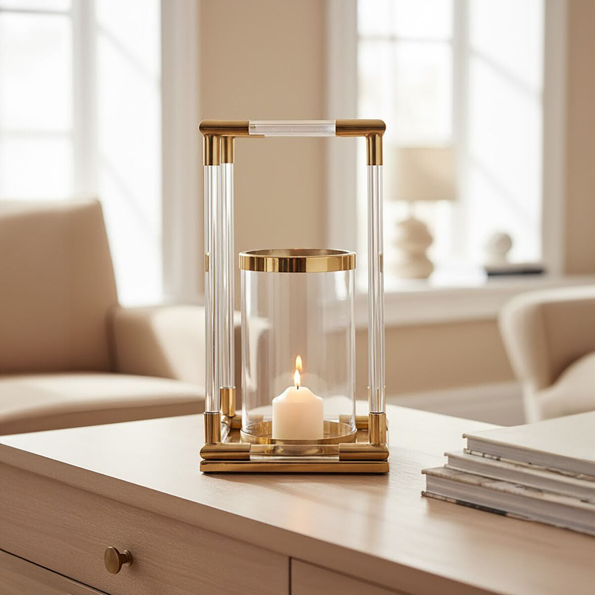 Large Candle Holder in Gold Finish and Acrylic