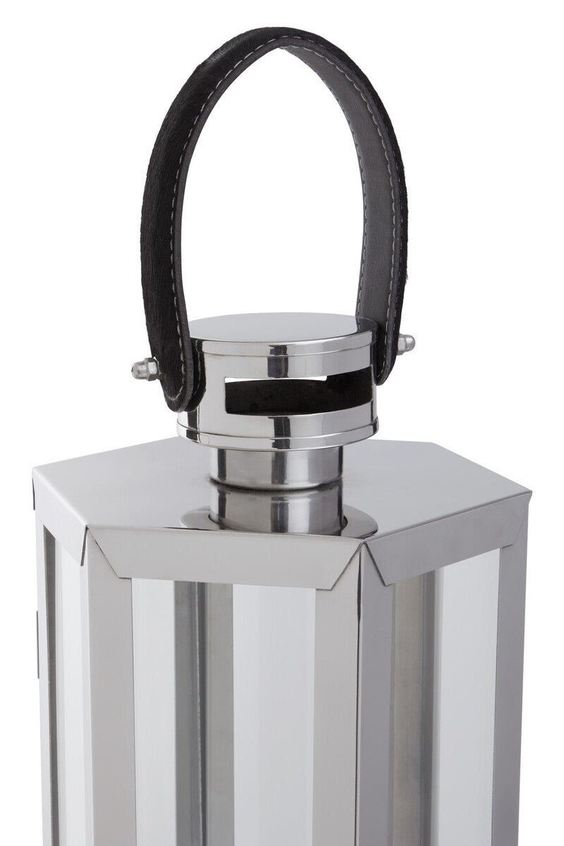 Small Silver Hexagonal Lantern with Hair on Leather Handle