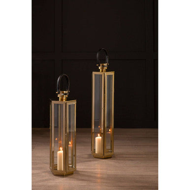 Large Gold Finish Lantern with Hair on Leather Handle