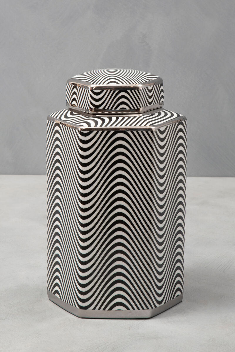 Hexagonal Silver Rim Small Ceramic Jar