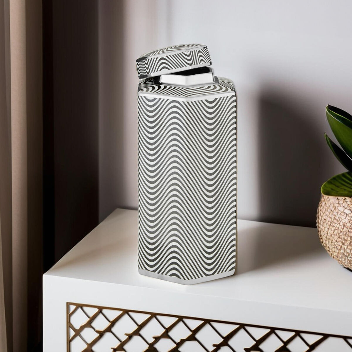Hexagonal Silver Rim Large Ceramic Jar