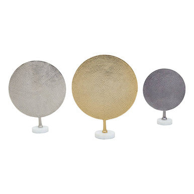 Set of 3 Hammered Metal Disc Sculptures with Marble Base