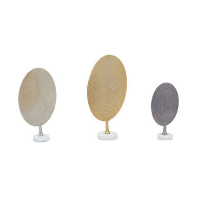 Set of 3 Hammered Metal Disc Sculptures with Marble Base