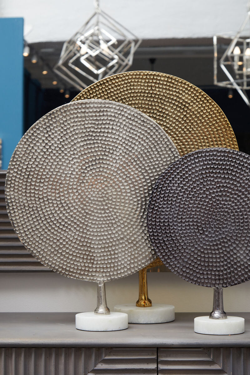 Set of 3 Hammered Metal Disc Sculptures with Marble Base