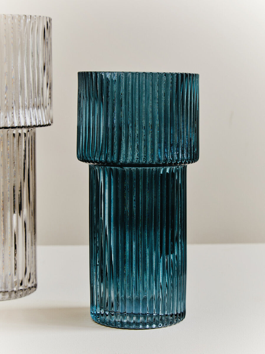 Small Ribbed Blue Glass Vase
