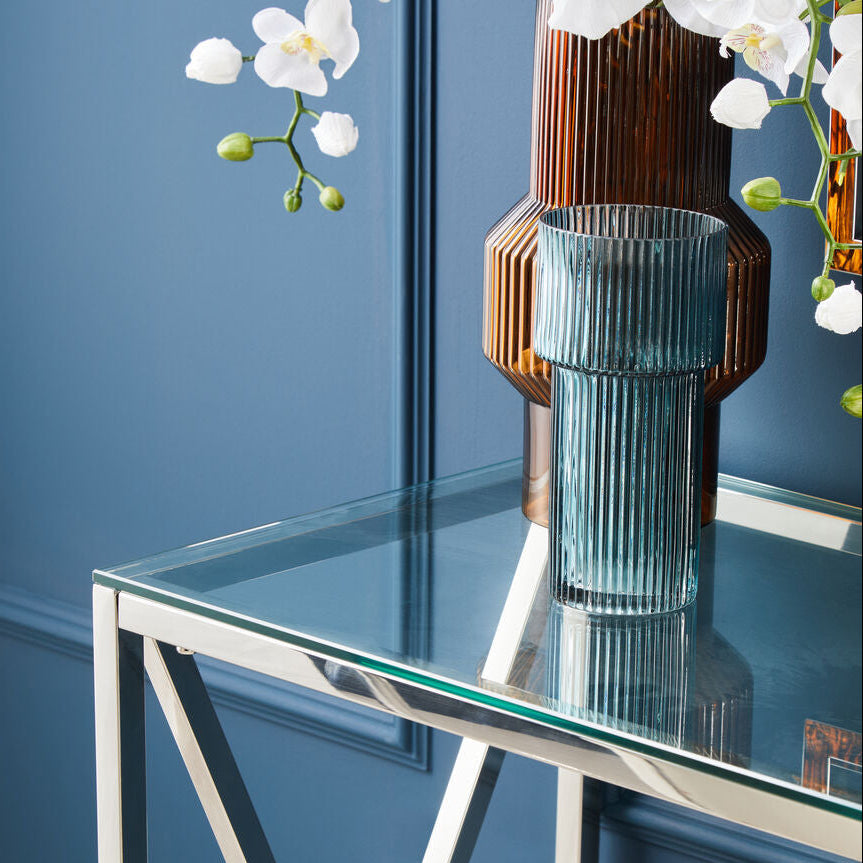 Small Ribbed Blue Glass Vase