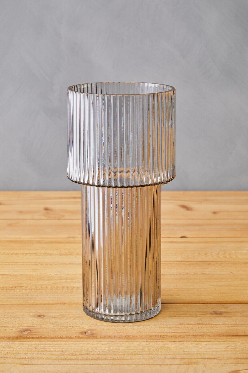 Large Ribbed Grey Glass Vase