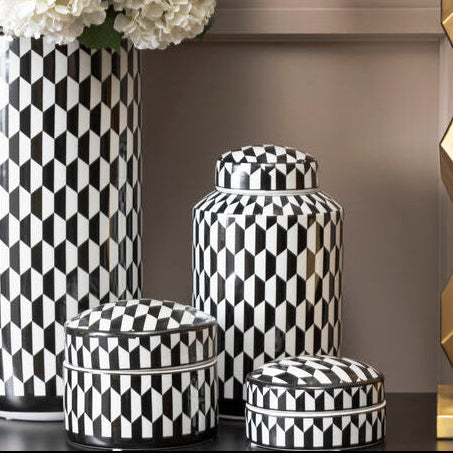 Small Black and White Geometric Print Ceramic Trinket Box