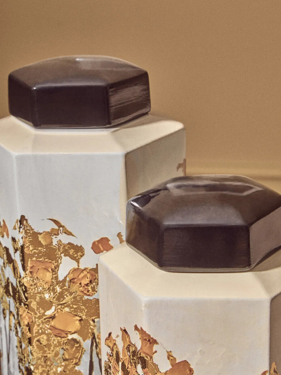 Hexagonal Gold Motif Small Ceramic Jar
